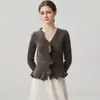 Estilo outono e inverno, jaqueta cardigã de caxemira com mangas sino e borda ondulada tridimensional para mulheres, blusa de tricô de manga longa, top elegante