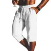 2025 Nuevos Pantalones Capri para Hombre Lino Verano Shorts de Playa Bolsillo Cordón Cintura Elástica Color Sólido Cuadros Transpirable