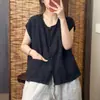 Top tipo chaleco sin mangas de algodón y lino multicolor, nuevo cárdigan versátil de verano holgado con diseño de bolsillo para mujer