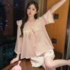 Pijama Feminino Primavera e Verão Fino 2024 Verão Novo Gelo Seda Doce Boneca Collar Shorts de Manga Média Terno de Roupas para Casa