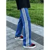 Calça masculina reta com padrão de escamas de dragão azul e três listras, nova calça esportiva casual reta cleanfit estilo americano