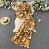 Traje Estampado Estilo Europeo y Americano para Mujer, Camisa de Manga Larga tipo Linterna + Pantalones de Pierna Recta Ancha con Cintura Elástica, Artístico, de Moda y Casual