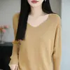 Suéter de malha V-neck de algodão puro estilo minimalista para mulheres, top suéter fino de cor sólida, camisa base versátil 100% algodão