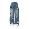 Jeans de pierna ancha con bordado de cachorro azul Chao Li Youhuo para mujer, nuevos pantalones largos de otoño de cintura alta, sueltos, a cuadros, con puño