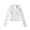 Pure Desire Hot Girl Sexy Irregular Cor Sólida Top Justo Feminino 2024 Design Ombro Plissado Camiseta de Manga Comprida
