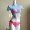 2026 Nova Blusa Doce de Menina de Manga Curta Biquíni de Três Peças Maiô Dividido Moda Praia Feminina