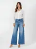 Jeans de pierna ancha, corte holgado, con múltiples bolsillos ocultos, diseño de pierna ancha, pantalones vaqueros elásticos para mujer