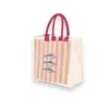 Bolsa de lona listrada de verão com estampa de loja de milk tea, capacidade grande, bolsa quadrada tridimensional de mão, personalizável com logotipo