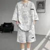 Roupa de Verão Masculina T-shirt Shorts High Street Americana Nicho High-End Fresca e Bonita Tamanho Grande T-shirt Tie-Dye Suja