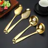 Conjunto de Utensílios de Cozinha em Aço Inoxidável Dourado para Uso Doméstico: Colher de Servir Hot Pot, Colher de Sopa, Colher de Buffet, Colher Escorredora, Colher de Óleo, Espátula de Bolo