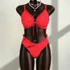 Biquíni Sexy Vermelho de Duas Peças de Cintura Alta com Babados, Novo Estilo Europeu e Americano, para Mulheres, para Férias na Praia