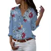 Camisa Feminina Europeia e Americana Nova de Outono e Inverno, Estampada, Tamanho Grande, Solta, Gola V Profunda, com Múltiplos Botões, de Chiffon, Manga Longa para Mulheres