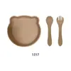 Prato de Refeição para Bebê de Grau Alimentício Estilo Desenho Animado com Ventosa Prato para Comida Sólida Infantil Conjunto de Garfo e Colher Silicone Ursinho Compartimentado