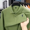 Camisa polo bordada de manga longa 100% algodão para homens, cor sólida, manga longa casual, camiseta bordada versátil de alta qualidade