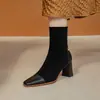 Botas finas elásticas de cano curto com cabeça quadrada, estilo coreano, outono e inverno 2023, costura fashion, salto alto, botas curtas femininas, botas de meia-estação