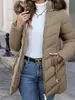 Chaqueta de Algodón Acolchada de Venta Caliente Transfronteriza Europea y Americana, Estilo Retro de Cintura Ceñida Ajustado de Longitud Media con Cuello y Capucha de Piel, Abrigo Cálido de Estilo Casual Otoño e Invierno