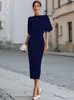 Vestido Feminino de Verão 2026 da Amazon Europeu e Americano Transfronteiriço Novo Elegante para o Trabalho Cor Sólida Ombro a Ombro