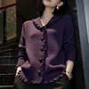 Cárdigan de punto para mujer con cuello en V y diseño de dobladillo con volantes, un top morado elegante y con estilo para primavera y otoño, una prenda versátil para capas