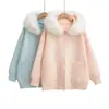 2025 Nuevo Otoño e Invierno Suéter Holgado con Capucha Chaqueta para Mujer Estilo Coreano Dulce Holgado Cálido Cuello de Piel Cárdigan de Punto