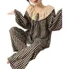 Pijama a cuadros de manga larga para mujer, popular en línea, nuevo algodón nube cuello grande ribete de encaje conjunto de ropa para el hogar de primavera y otoño