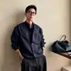 Camisa Retro Azul Oscuro para Hombre de Otoño Estilo Old Money Ropa de Trabajo Manga Larga Hombro Normal Holgada Casual Cuello Solapa Prendas de Abrigo