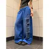 Calça de Moletom Esportiva Feminina com Estampa de Letras Desfiadas, Estilo Americano de Rua, Modelagem Solta, Perna Larga, Hip-Hop, Dança Jazz, Calça Casual