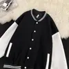 Chaqueta de Béisbol para Hombre de Primavera y Otoño, Manga Larga de Corte Holgado, Estilo Americano Versátil, Abotonada, Cuello Alto de Contraste de Color, Top Casual de Moda