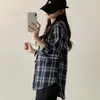 Camisa de cuadros con capucha estilo coreano para primavera y otoño, chaqueta cepillada casual de corte holgado estilo Harajuku para mujer