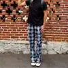 Pantalones casuales acampanados con estampado de cuadros retro para hombre, versátiles de cintura alta con bolsillos, adelgazantes y que alargan las piernas, de pierna ancha hasta el suelo