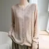 Cárdigan de punto calado de lana de terciopelo fino semi-transparente para otoño temprano para mujer, cuello redondo, manga larga, versátil para ir al trabajo, verde
