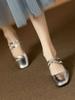 Sapatos Prata Retrô Francês Femininos Salto Grosso Primavera e Outono 2023 Bico Quadrado Boca Rasa Fivela Sapatos Mary Jane