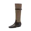 Hebilla de Cinturón Talla Grande 40-42 Botas de Caballero Bloque de Color 2026 Tacón Bajo Grueso Patchwork de Gamuza y Cuero Punta Cuadrada Botas Altas