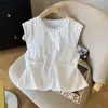 Design Coreano Colete de Botão Único Gola Redonda Sem Mangas Algodão e Linho Top Feminino Verão Novo Versátil Design Bordado