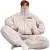 Conjunto de pijama de invierno grueso y cálido para hombre, de franela con cuello alto y cremallera, hecho de forro polar de coral, adecuado para adolescentes