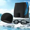 Bañadores de moda profesionales de secado rápido de cintura alta para hombre, anti-vergüenza, cómodos y transpirables tipo bóxer, set de gafas de natación lisas