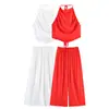 Estilo europeo y americano de verano comercio exterior ropa de mujer nueva moda color liso fruncido cuello halter top sin mangas y conjunto de pantalones largos