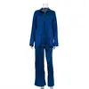 Traje Drapado Nuevo de Satén 2025 para Mujer Azul Oscuro Camisa de Manga Larga con Cordones Solapa Pantalones de Dos Piezas