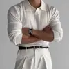 Camisa Polo de Manga Larga a Rayas de Color Sólido Nueva de Otoño para Hombre Tendencia Simple Muscular Deportes Fitness Cuello Camisero Camisa de Punto