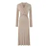 Vestido Estilo Spicy Girl Pure Desire com Decote V e Nó Torcido Feminino Outono Temperamento Cadarço Saia Longa Valoriza a Silhueta Manga Longa Cintura Marcada Saia
