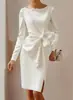Ropa de Mujer Transfronteriza Europea y Americana Vestido Delgado de Manga Larga con Cintura Retorcida Elegante de Color Sólido Bodycon ceñido a la cadera Vestido de Noche