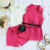 Ropa Infantil Comercio Exterior Primavera y Verano Traje de Niña Chaqueta sin Mangas con Cuello Shorts con Riñonera Conjunto de Cuatro Piezas Traje Color Caramelo