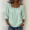 2026 Transfronterizo Amazon Nuevo Verano Color Sólido Casual Cuello Cuadrado Encaje Empalmado Manga Tres Cuartos Algodón y Lino Manga Corta Top para Mujer