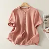 Foto Real da Nova Coleção de Verão 2026, Blusa Versátil de Manga Curta em Linho para Mulheres, Modelagem Solta Tamanho Plus Size Estilo Mãe