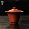 Conjunto de chá kung fu gaiwan de argila roxa de minério bruto Zhuni Mojing, tigela de chá gaiwan três talentos de argila roxa para uso doméstico, conjunto em caixa de presente
