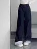 Pantalones de mezclilla oscura estilo retro americano talla grande para mujer, con diseño de patchwork a cuadros y lazo, cintura alta, efecto adelgazante, corte holgado y pierna ancha, estilo hasta el suelo