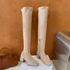 Botas largas botas elásticas tacón gamuza punta redonda sexy hasta la pantorrilla hasta la rodilla para mujeres delgadas tacón grueso otoño e invierno versátil adelgazantes