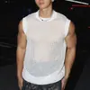 Chal de punto hueco de marca de moda estilo callejero americano para hombre, camiseta sin mangas de punto de seda genial, camiseta sin mangas de malla deportiva para fitness en negro