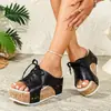 Sandalias de cuña para mujer que aumentan la altura 2026, Sandalias de talla grande con cordones y punta abierta transfronterizas, Venta al por mayor, Estilo nuevo con suela gruesa