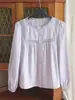 Camisa de Tencel y lino para mujer, color morado, con ribete de encaje, volantes y mangas tipo linterna, elegante top de trabajo estilo francés para otoño