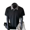 Camisa Polo de Manga Corta con Retazos de Espiga Estilo Americano para Hombre Verano High Street Cuello Camisero Manga Media Hombro Normal